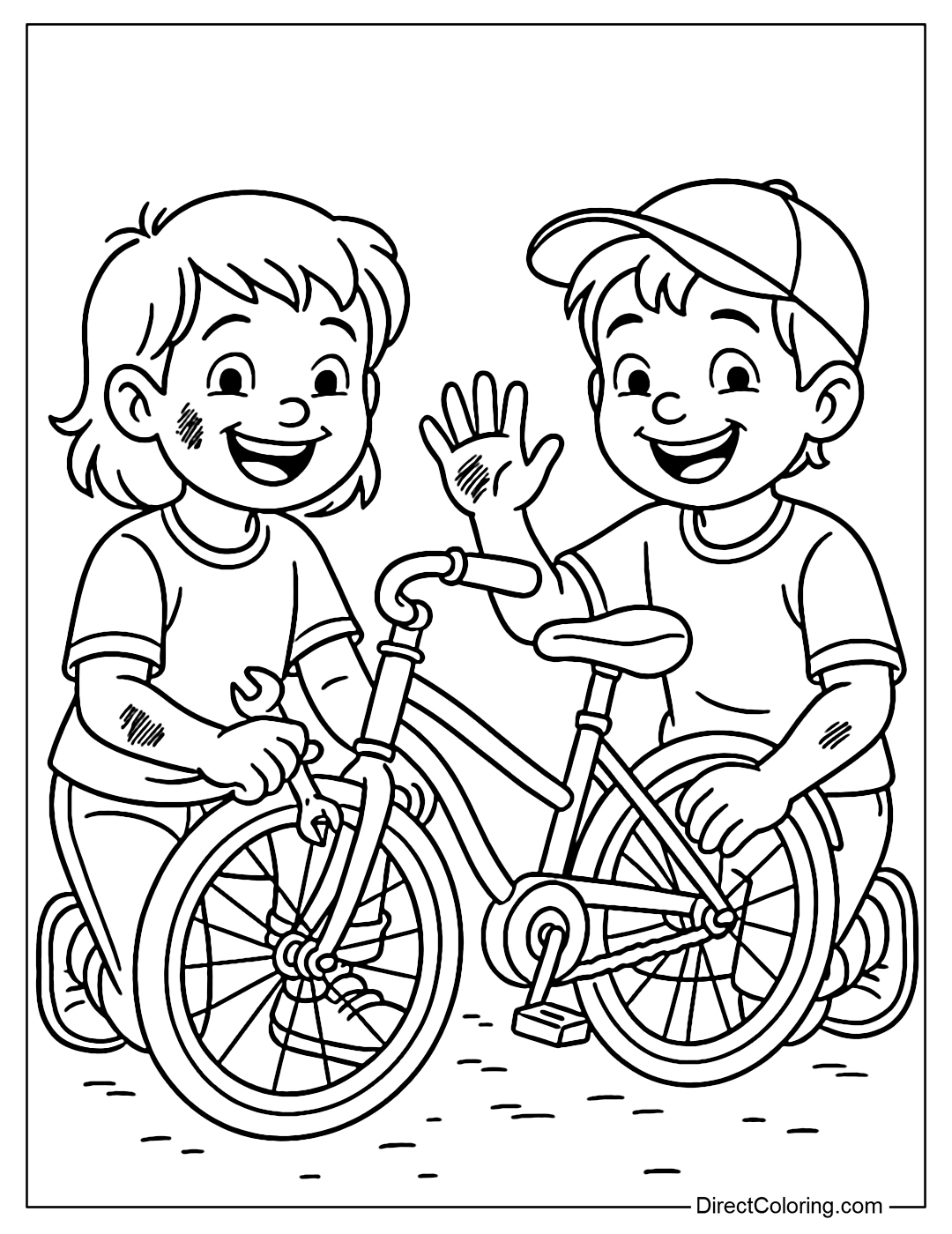 Coloring page of two children repairing an old bicycle, their hands dirty but their faces smiling.